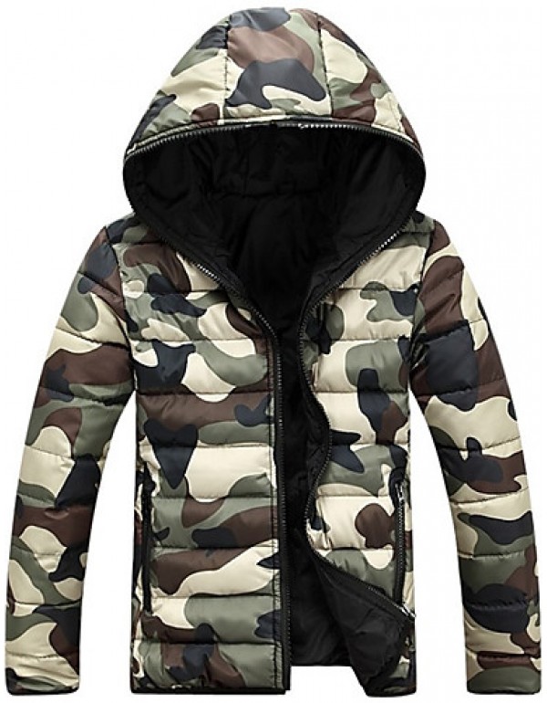 Men'sWinter Large SizeCasual Work Long Sleeve Camouflage Printed Turtleneck Zipper Cotton Warm Hooded CoatJacket