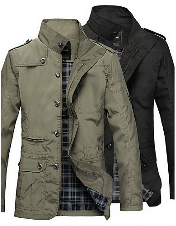 Men's Long Sleeve Regular Trench Coat , Polyester Plaids & Checks Winter Jacket