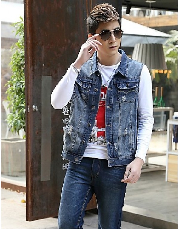 Men's Fashion Casual Solid Blue Sleeveless Jacket,...