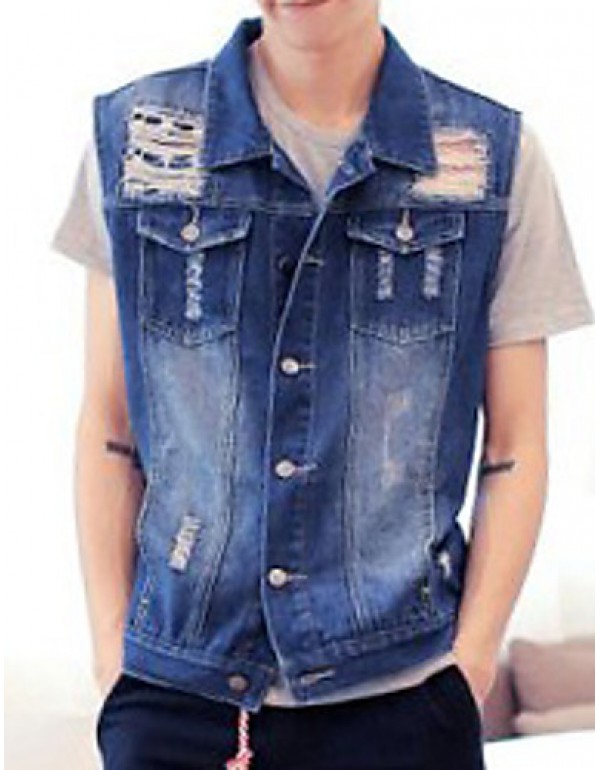 Men's Sleeveless Casual Jacket,Cotton Solid Blue