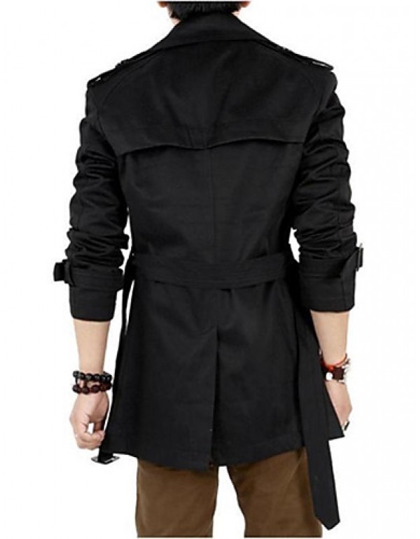 Men's Plus Size / Casual/Daily Simple Trench Coat,Solid Long Sleeve Black Polyester