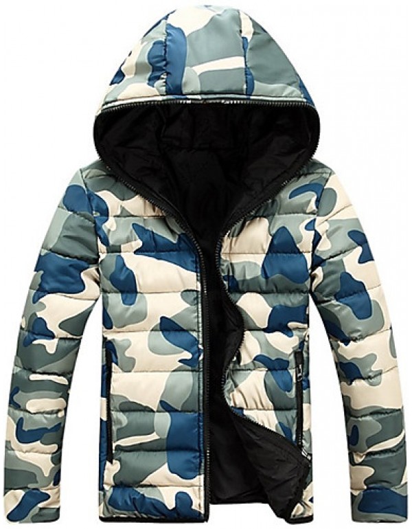 Men'sWinter Large SizeCasual Work Long Sleeve Camouflage Printed Turtleneck Zipper Cotton Warm Hooded CoatJacket