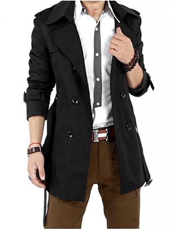 Men's Plus Size / Casual/Daily Simple Trench Coat,Solid Long Sleeve Black Polyester