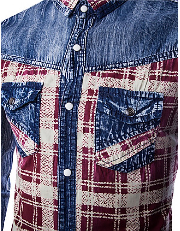 Men's Plaids & Checks Long Sleeve Top , Cotton / Denim Casual