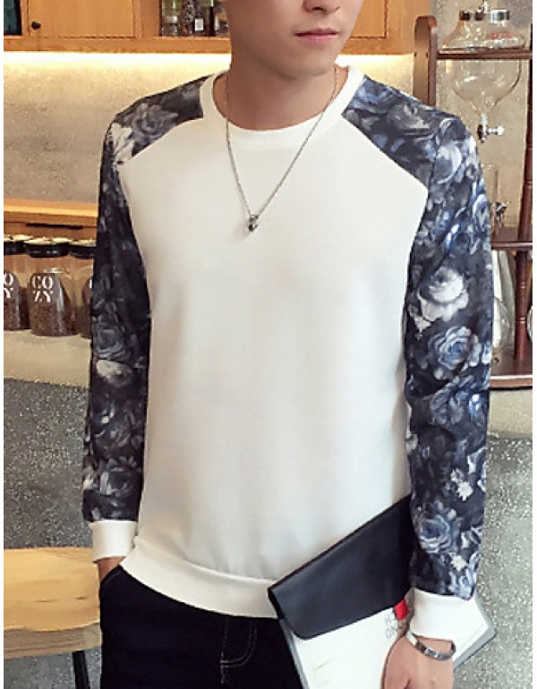 Men's Print / Color Block Casual / Plus Size SweatshirtPolyester Long Sleeve Black / Blue / White