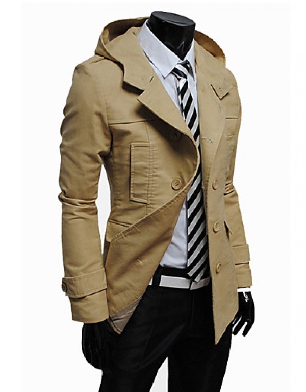 Men's Solid Casual Trench coat,Cotton Blend Long Sleeve-Black / Brown / Yellow / Tan