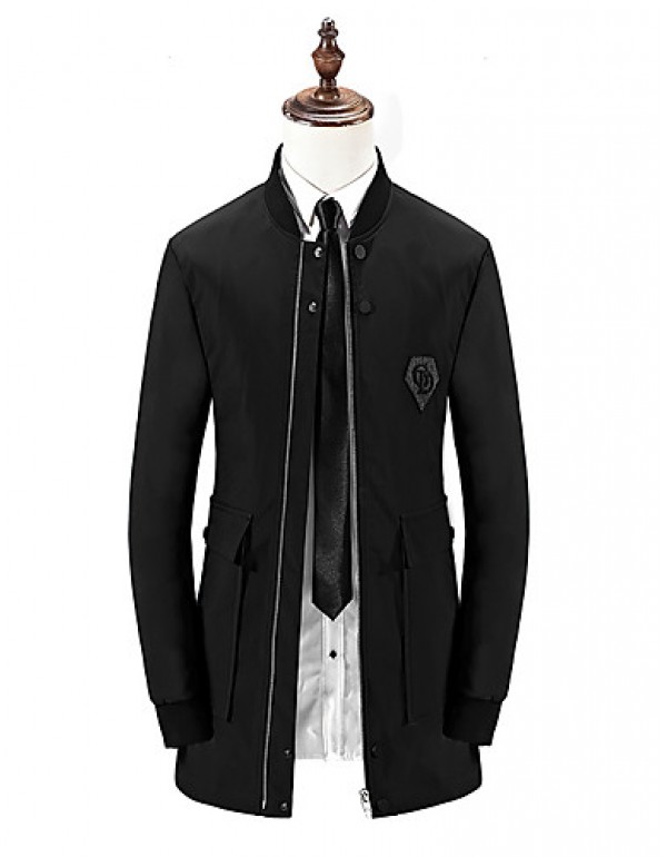 Men's Solid Casual / Formal / Plus Sizes Trench coat,Bamboo Fiber / Polyester Long Sleeve-Black / Blue