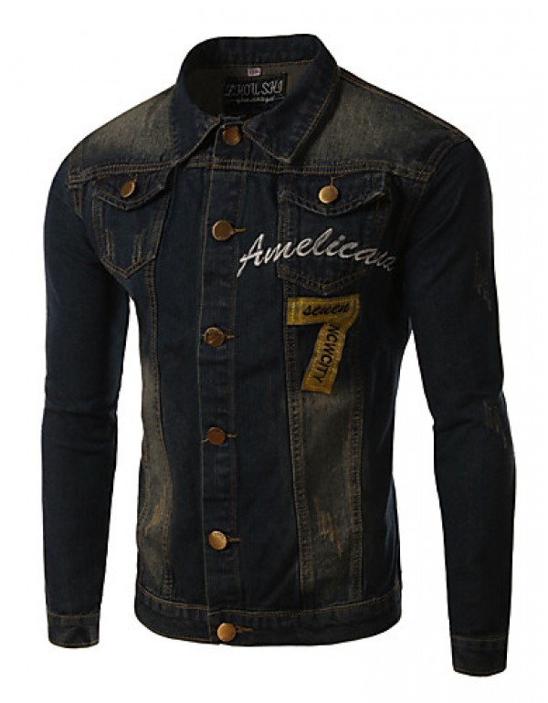 Men's Print Long Sleeve Jacket , Cotton / Denim Ca...