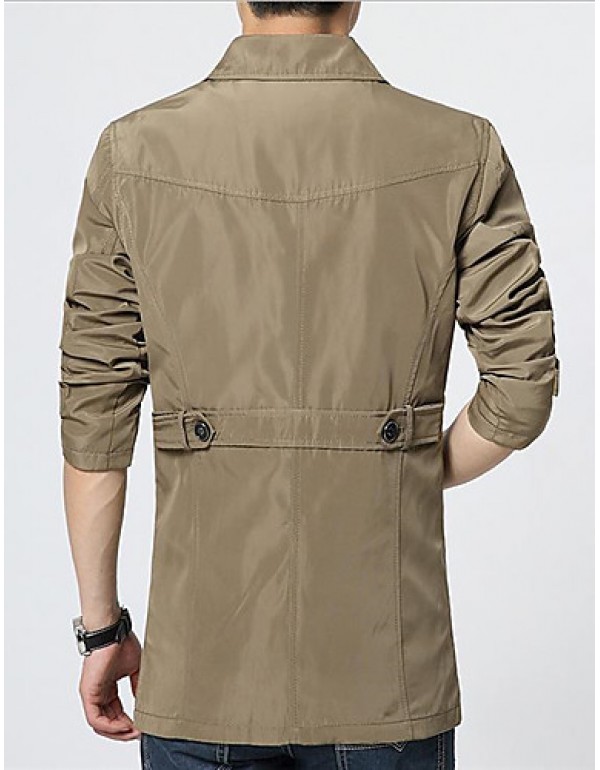 Men's Solid Casual Trench coat,Cotton / Polyester Long Sleeve-Black / Yellow