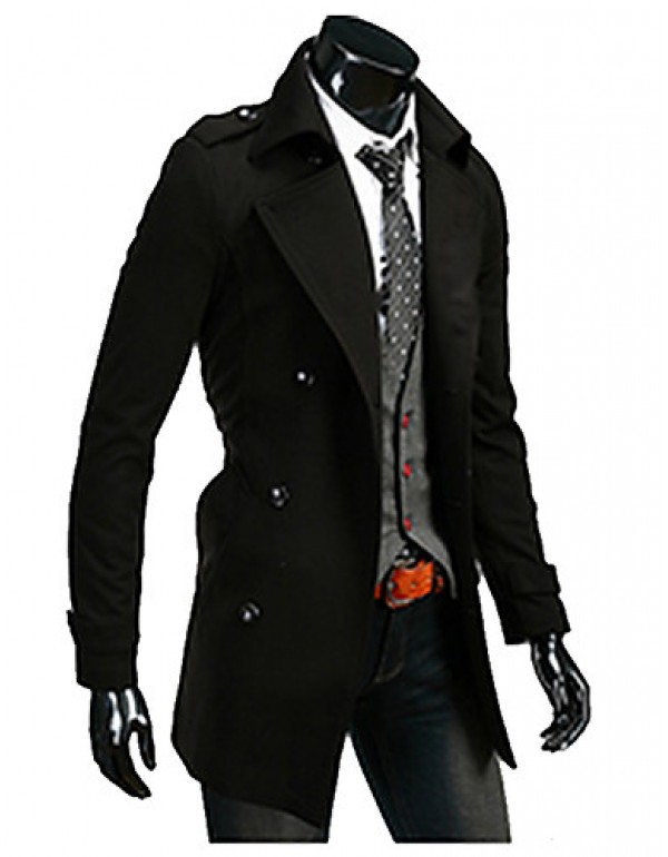 Brand Hight Quality Men's Casual/Daily Simple Trench CoatSolid Stand Long Sleeve Fall / Winter Red / Black / Gray