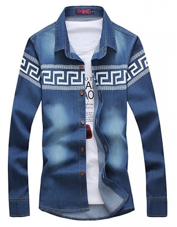 Men's Geometric Pattern Denim Shirt , Cotton / Pol...